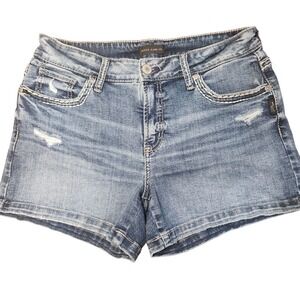 Silver Jeans Co Elyse Mid Rise Denim Shorts Distressed Blue Size 30